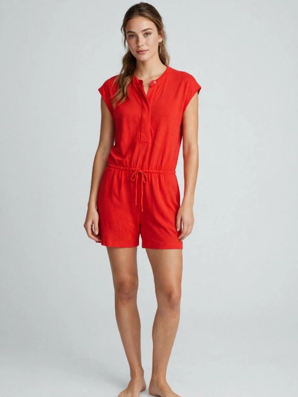 Gap Red Sleeveless Romper M Petite Henley Neck Drawstring Waist